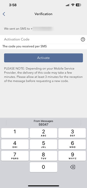 Image of the IB key enter activation token for iPhone